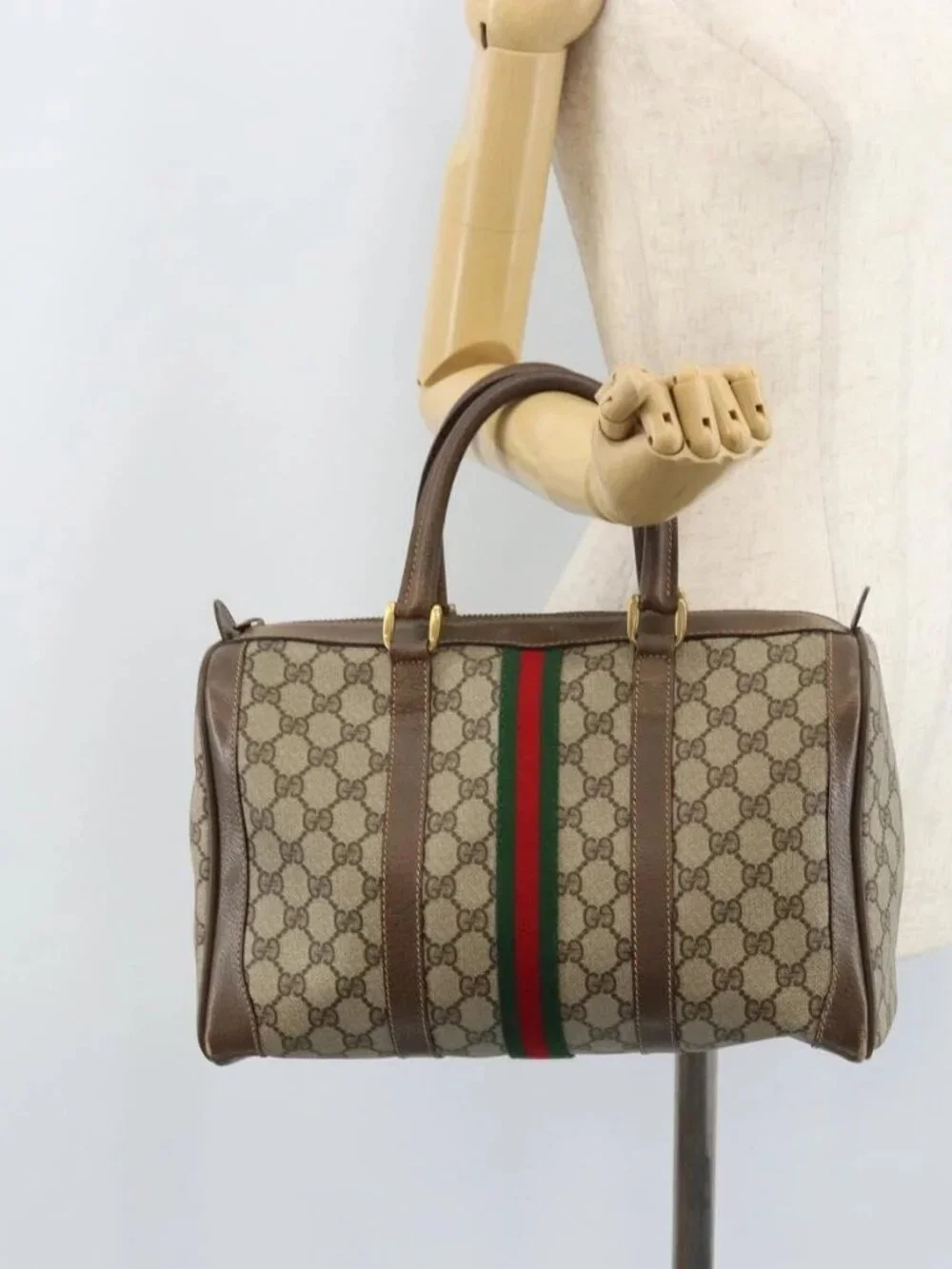 GUCCI GG Supreme Web Sherry Line Boston Bag PVC Beige 02 98 8 0468 Auth BAZ555